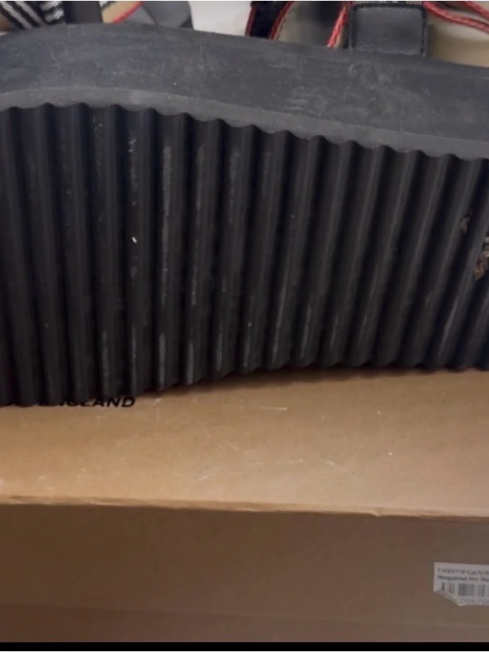 Burberry Black Platform Sandals with Red and Tan Striped Webbing